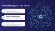 Futuristic layout featuring a circuit style brain design, paired with three numbered text boxes, on a blue background.