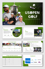 US Open Golf 2025 slides show players, trophy, match schedule, scores, and sponsors in a clean green-themed layout.