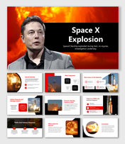 Space X Explosion slides with fire visuals, red-black layout, image blocks, Elon Musk, causes, and safety updates.
