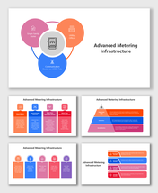 Advanced Metering Infrastructure slides with icons, circular flow, pyramid shapes, and colorful blocks showing key benefits.