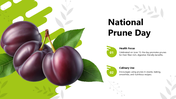 National Prune Day slide with purple prunes, green shapes, leaf art, health tips, and clean white text layout.