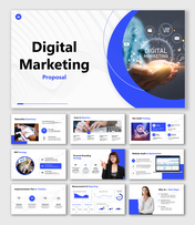 Digital Marketing slides with blue theme, charts, SEO steps, goals, audit, icons, and photo placeholders.
