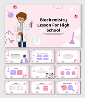 Biochemistry slide deck with scientist cartoon, lab icons, biomolecule visuals, quizzes, and pastel science-themed layout.