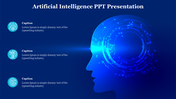 Artificial Intelligence concept with a digital human profile and interconnected circuits, featuring icons on the side.
