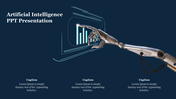 AI themed slide showing a robotic hand interacting with a digital bar graph on a dark blue background, with captions below.