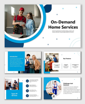 On-Demand Home Services slides show workers, cleaning, repairs, icons, text boxes, blue-white layout, and circular shapes.