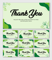 Green Thank You slides with abstract shapes, green tones, botanical line art, floral sketches, and editable text spaces.
