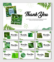 Nature Green Environment Thank You with plant photos, fern borders, green shapes, white backgrounds, and editable text areas