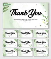 Natural Floral Thank You slides with green hues, leaves, soft backgrounds, elegant script, and nature-inspired design.