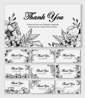 Hand Drawn Flower Thank You with sketched blooms, black-white florals, white background, centered text, and artistic charm.