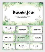 Nature Inspired Thank You with green leaves, watercolor edges, leafy frame, pastel tones, and bold central text.