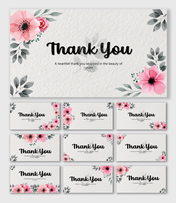 Minimal Flower Thank You with pink blooms, grey leaves, textured white base, floral corners, and clean text holders.