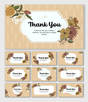 Vintage Flower Thank You slides with beige backdrop, retro blooms, ornate frames, botanical art, and bold text holders.