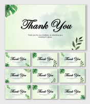 Nature Thank You slides with green leaves, pastel tones, watercolor shapes, white base, and centered text holders.
