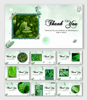 Nature Thank You slides with leafy photos, pastel greens, watercolor shapes, taped frames, and centered text holders.