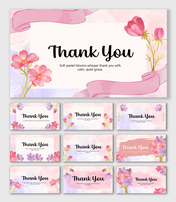 Thank You Slide PPT Download with pastel flowers, ribbons, watercolor shades, and neat text holders.