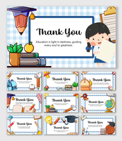 Education Thank You PPT with books, cap, globe, girl, bag, pencil, plant, clipboard, blue grid, and text holder.