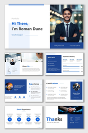 Portfolio PPT shows resume, profile photo, experience, certifications, skills, contact, and blue-white text holders.
