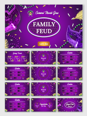 Carnival Mardi Gras Family Feud PPT with purple theme, masks, beads, confetti, quiz rounds, answers, and scoreboard.
