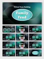 Virtual Team Building Family Feud teal-black slides with avatars, Q&A rounds, scoreboard, and game over.