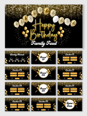Birthday Party Family Feud black-gold slides with balloons, sparkles, Q&A rounds, scoreboard, and game over.