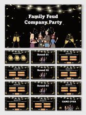 Family Feud Company Party black-gold slides with avatars, lights, Q&A rounds, text holders, and game over.