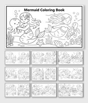 Mermaid Coloring Book with mermaids, octopus, turtle, dolphins, fish, castle, chest, sea plants, text holder, and shapes.
