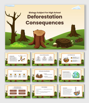 Biology Subject For High School Deforestation Consequences slides with causes, effects, and solutions visuals.