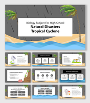 Biology Subject For High School Natural Disasters Tropical Cyclone slides with visuals, stages, safety, and quiz.