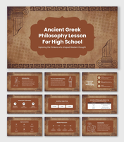 Ancient Greek Philosophy Lesson For High School slides with brown theme, pillars, statues, and quizzes.