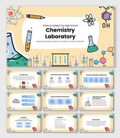 Science Subject For High School Chemistry Laboratory with flasks, beakers, symbols, and experiment visuals.