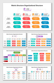 Matrix Structure Organizational Structure with colorful manager boxes, team roles, and project coordination layout.