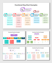 Functional Org Chart Examples showing HR, finance, and departments in colorful structured flow with icons.
