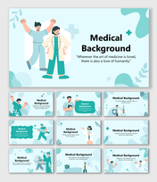 Medical PowerPoint Slide Background with doctors, nurses, icons, and teal-white abstract healthcare design.