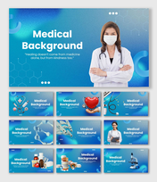 Background For Medical with doctor, stethoscope, heart, pills, microscope, lab tools, and blue healthcare theme.