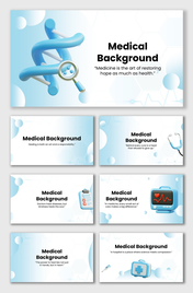 PowerPoint Background Medical with doctor, stethoscope, pills, heart, lab tools, molecules, and blue gradient theme.