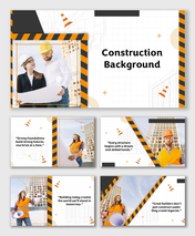 Construction Backgrounds with cranes, builders, blueprints, and orange-black theme for industrial slides.