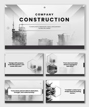 Construction Company Background with cranes, buildings, steel frames, and grayscale geometric slide design.