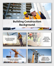 Building Construction Background with cranes, workers, blueprints, and modern city visuals in clean white layout.