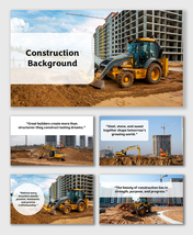 Construction Background PowerPoint with cranes, loaders, and city site visuals on sandy terrain under blue sky.
