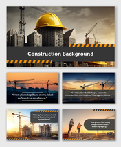 Construction Backgrounds with cranes, workers, and towers in orange-black theme under warm sunset tones.