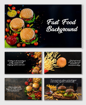Fast Food Restaurant Background with burgers, fries, and sauces arranged on dark rustic table layout.