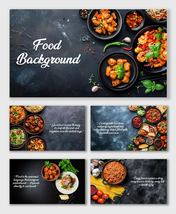 Food Background Pictures with mixed dishes, sauces, and herbs on dark textured tabletop for culinary slides.