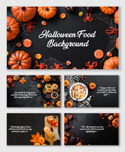 Halloween Food Background with pumpkins, candies, and spooky snacks arranged on black festive surface.