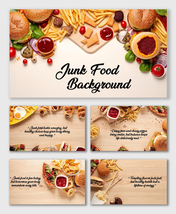 Junk Food Background with burgers, fries, and sauces arranged neatly on wooden surface for food slides.