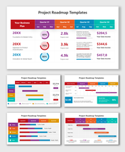Project Roadmap Templates with colorful timelines, data charts, and quarterly business milestone visuals.