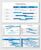 PowerPoint Project Roadmap with blue timeline bars, milestones, and labeled tasks for yearly progress tracking.