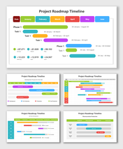 Project Roadmap Timeline Template with colorful phases, labeled tasks, and milestone bars for project tracking.