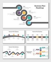 Business Plan Roadmap template with colorful timelines, milestones, text boxes, and strategy tracking visuals.
