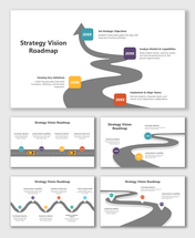 Strategy Vision Roadmap with curved road path, milestone icons, and text boxes showing business goals and strategies.